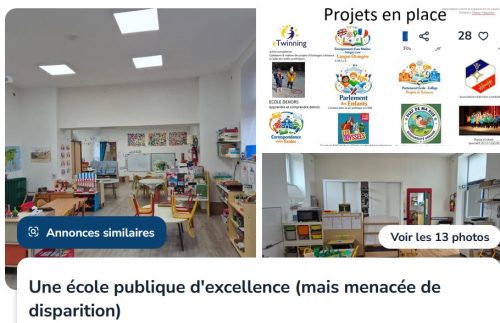 Les Parents d'Élèves du RPI poursuivent les actions : après l'inscription de chiens, la collecte de peluches, le défilé entre les deux écoles du RPI, ils ont mis leur école de Trélévern à vendre sur LeBonCoin