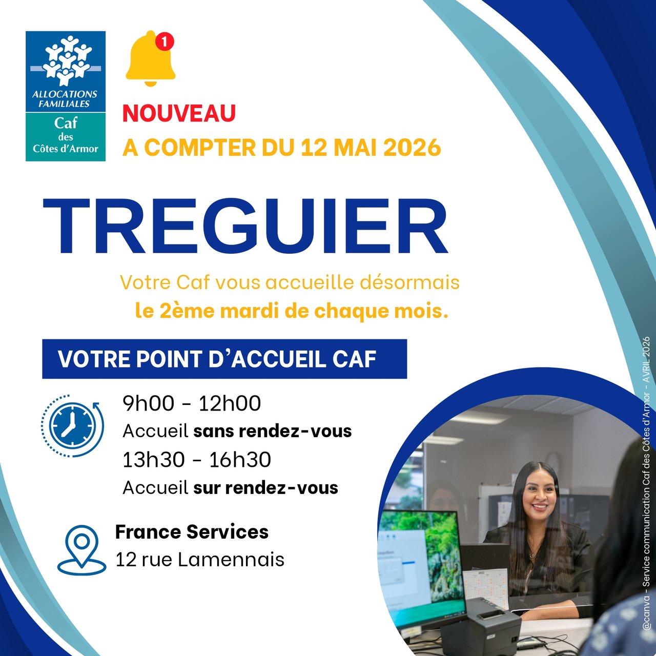 A compter du 12 mai : nouvelles permanences CAF à l'espace France Services de Tréguier et Plouaret