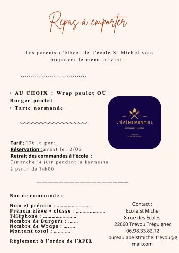 Association des Parents d’Elèves Ecole St Michel : Opération repas à emporter, commandes jusqu’au 10 juin