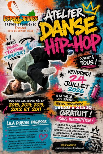 🕺Vendredi 24 juillet :  Atelier Hip-Hop gratuit pour les jeunes à Trévou ! 🎶