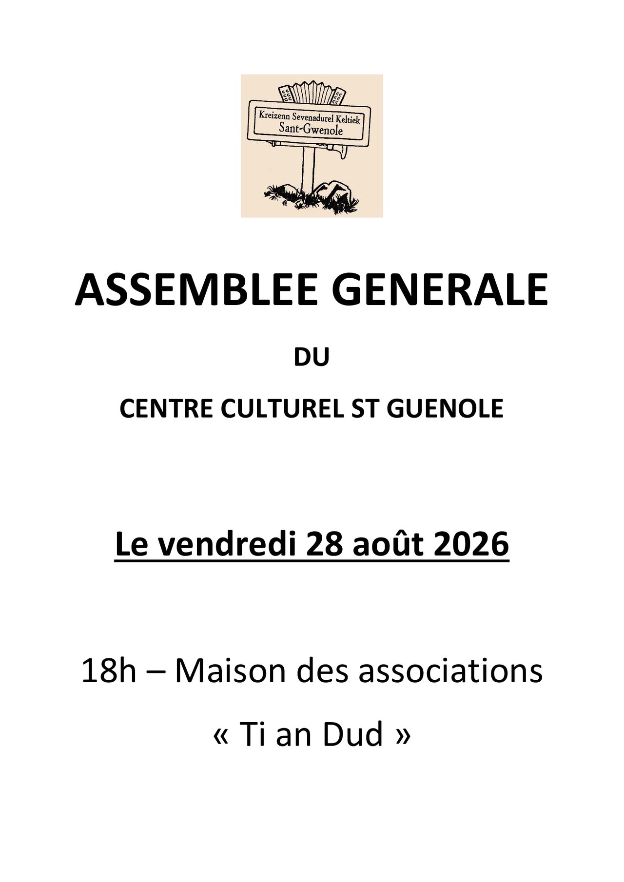 Vendredi 28 août : Assemblée générale du centre culturel St Guénolé