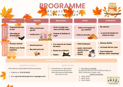 Planning d'activités vacances de la Toussaint 2026