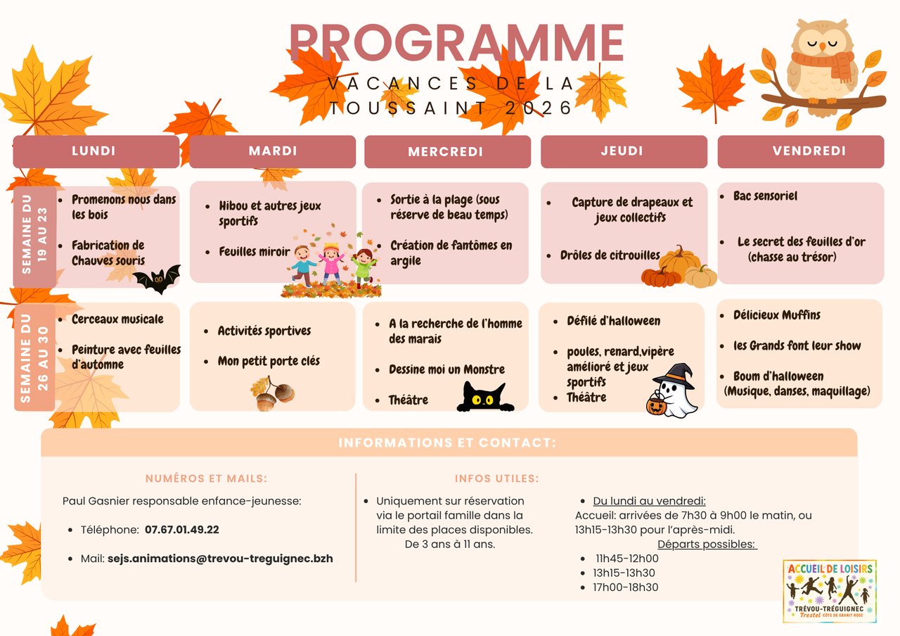 Planning d'activités vacances de la Toussaint 2026